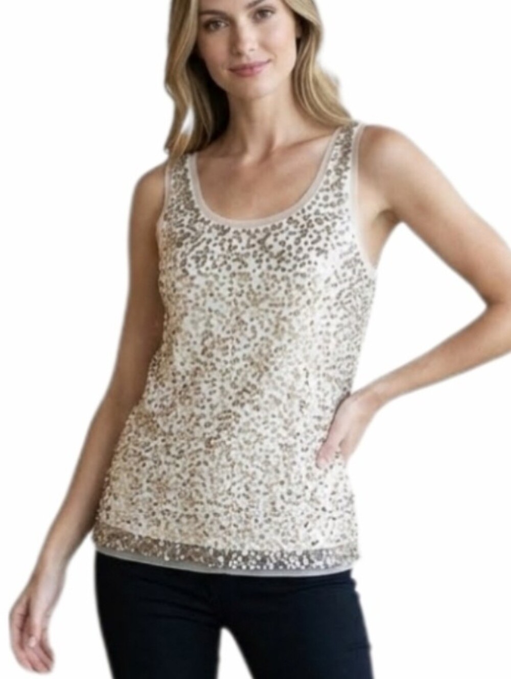 GRYPHON Sequined Tank Top with Mesh ans Satin Lining Gold Size M